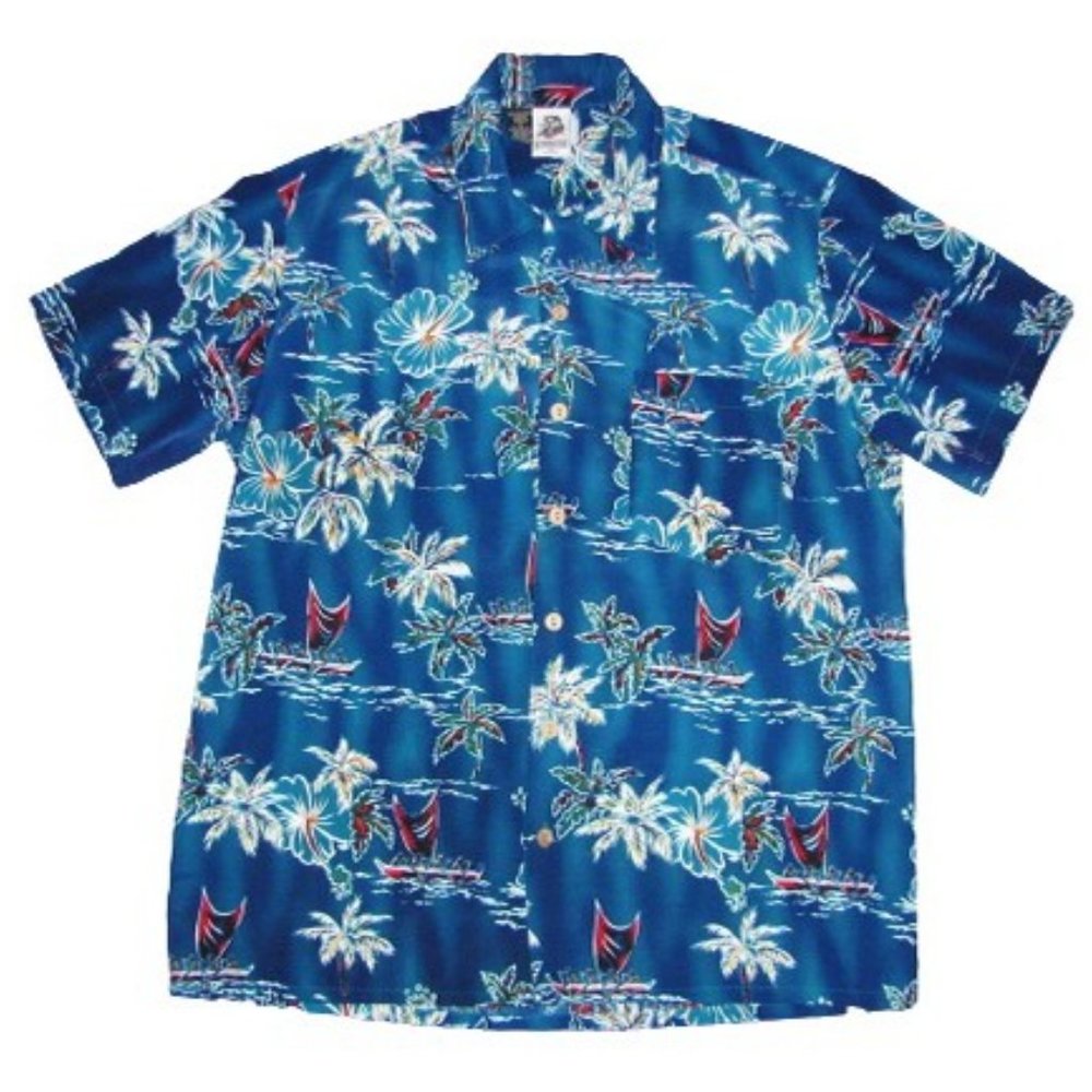 Kennington Hawaiian Shirt Men's Size Large Short Sleeve Canoe Print Blue